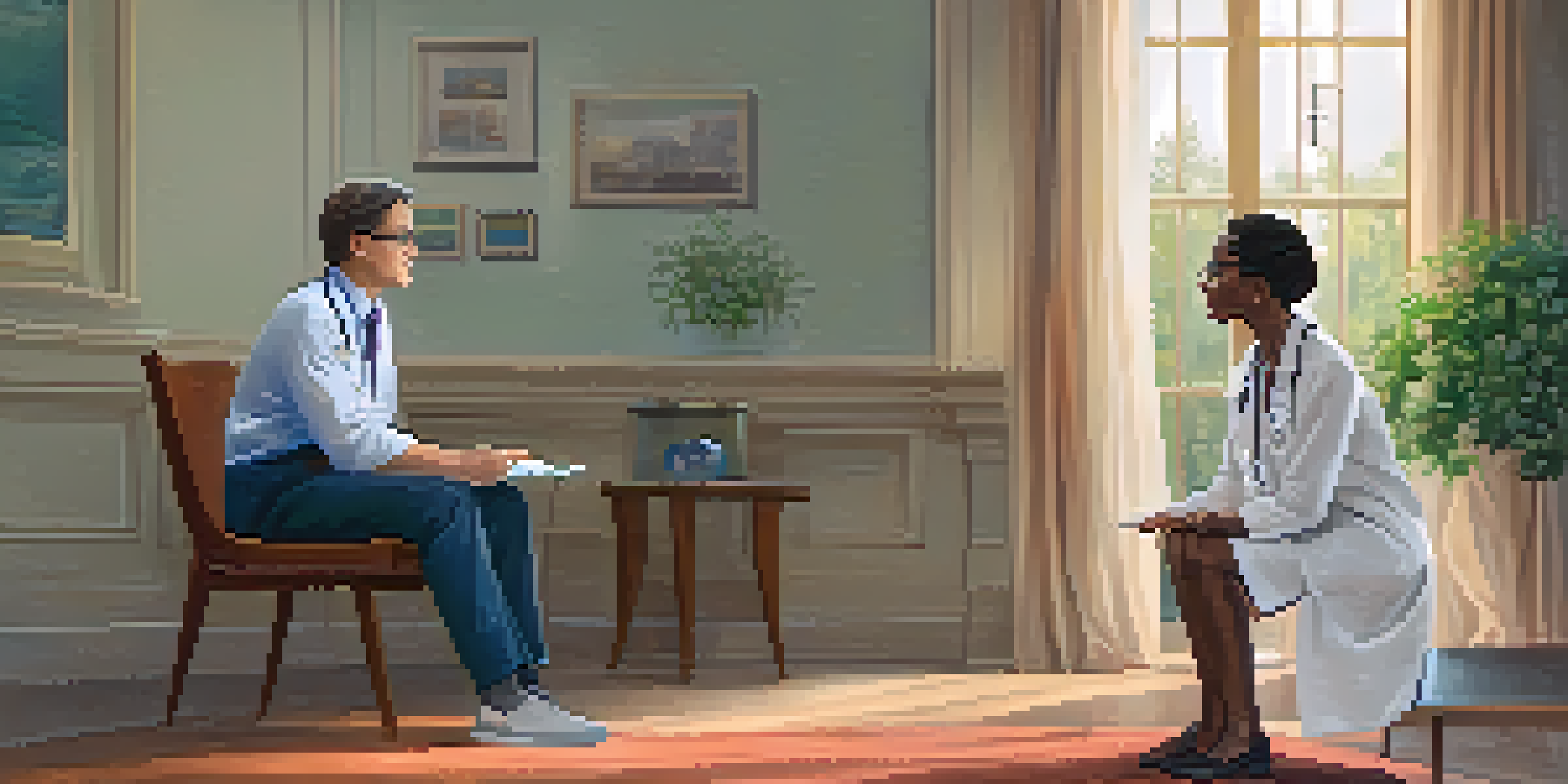 A doctor and a patient in a cozy healthcare setting, engaged in a conversation, with soft lighting and plants around them.