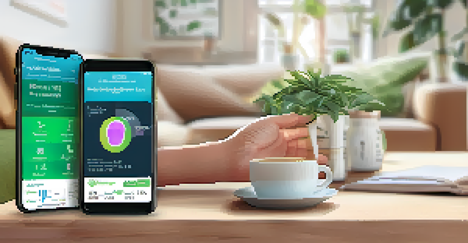 A close-up of a hand using a mobile health app, with colorful graphics on the smartphone screen, in a cozy living room.