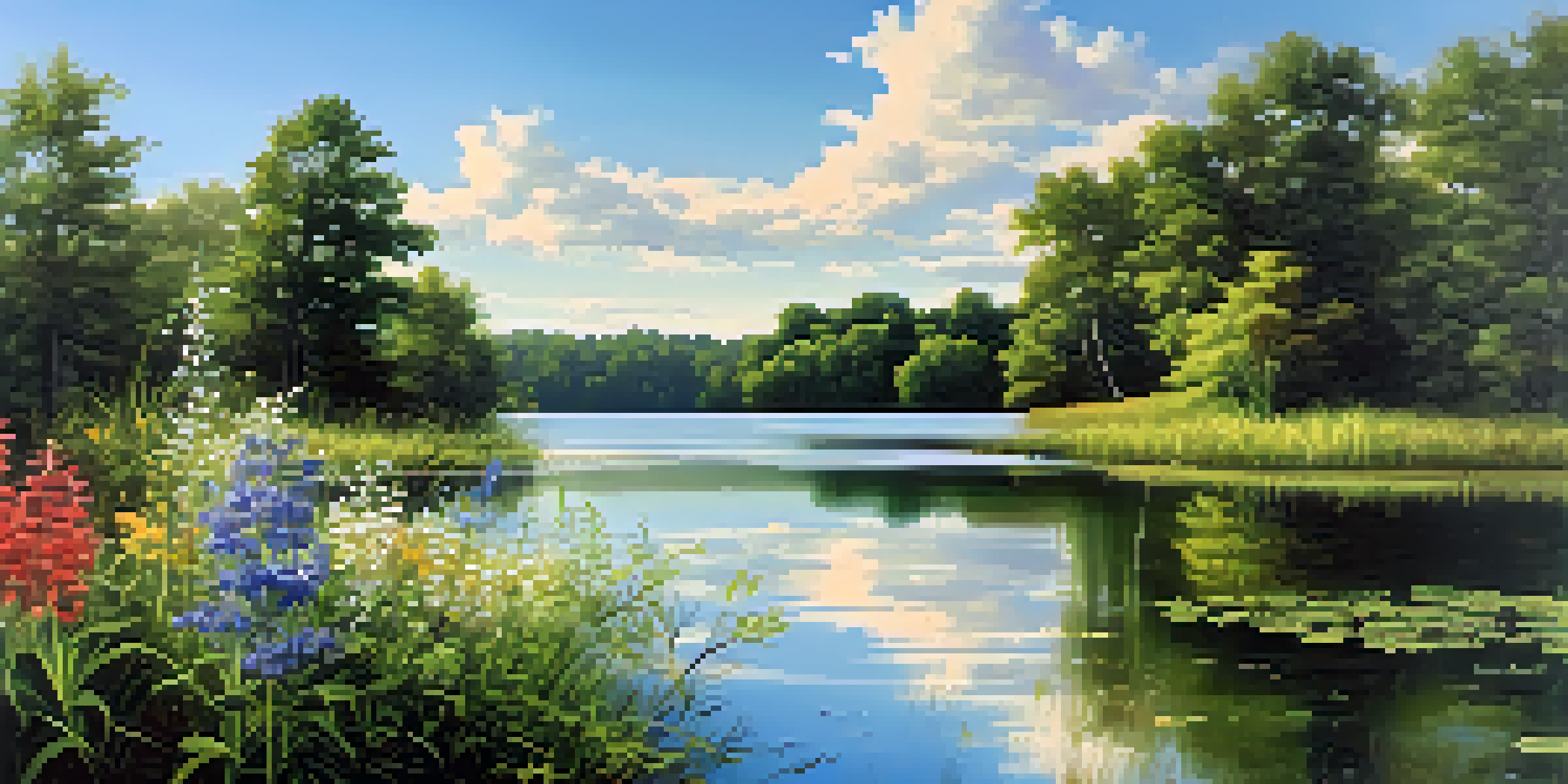 A peaceful lake surrounded by green trees and colorful wildflowers under a blue sky.