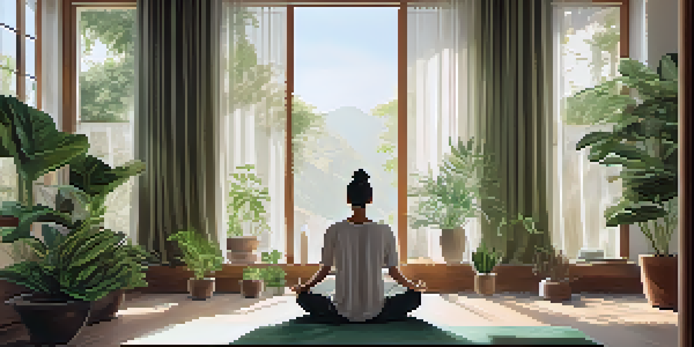 A peaceful meditation space with a person sitting cross-legged on a mat, surrounded by plants and candles, bathed in soft natural light.