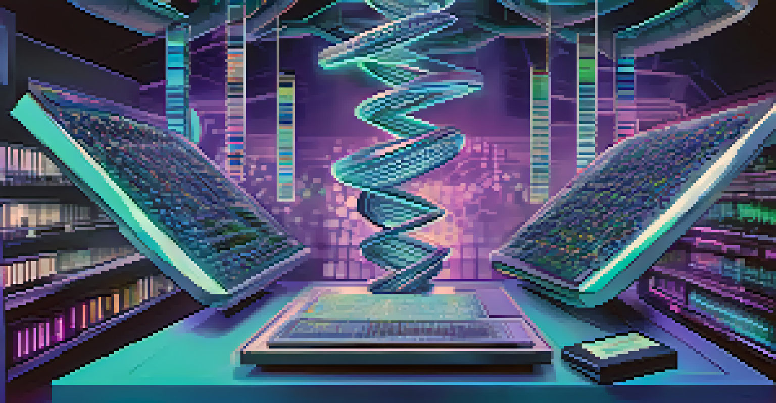 A stylized DNA double helix surrounded by digital data streams and sequencing machines, representing next-generation sequencing technology.