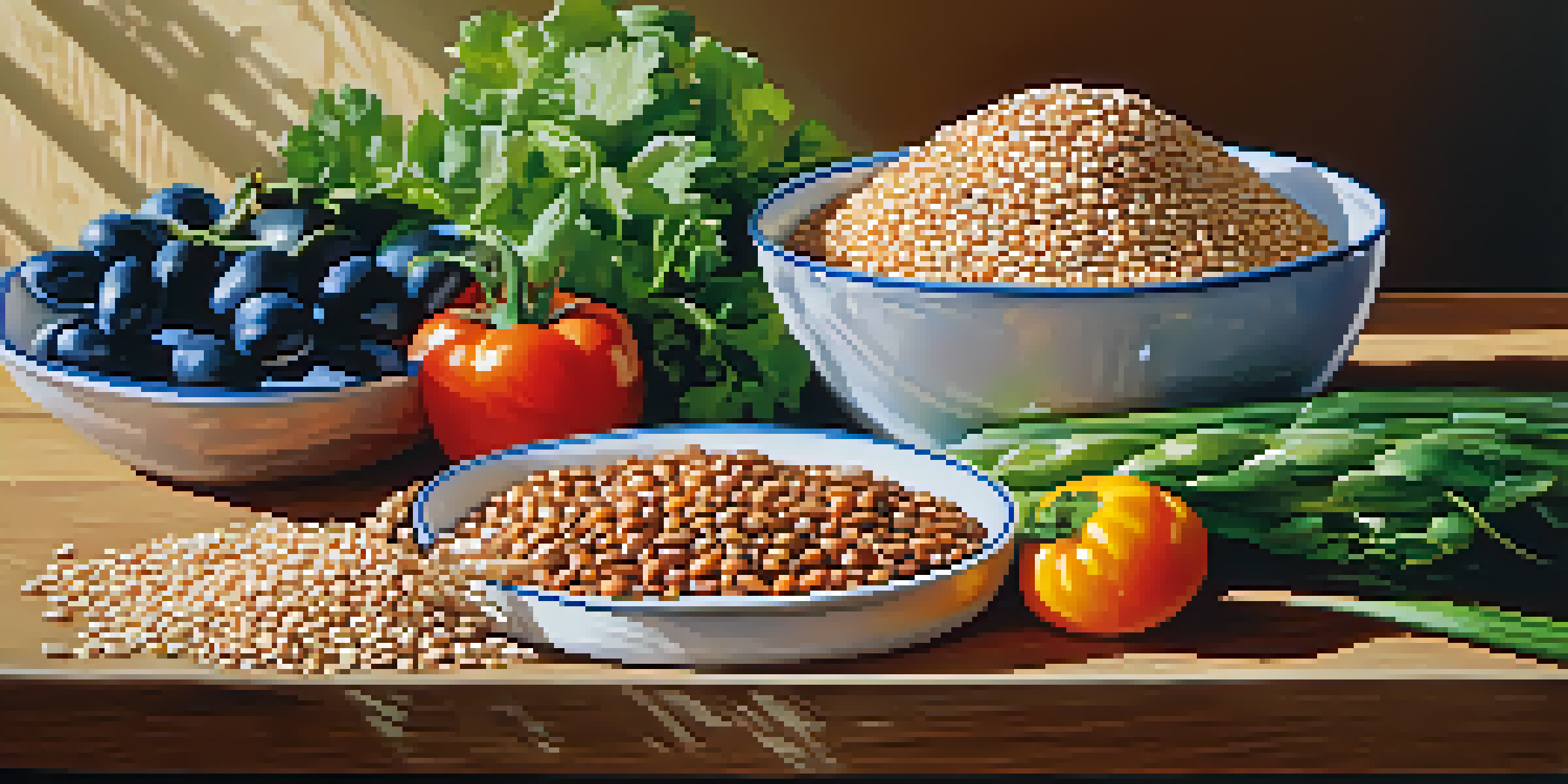 A vibrant, healthy meal with whole grains, legumes, and fresh vegetables arranged on a wooden table, illuminated by natural sunlight.