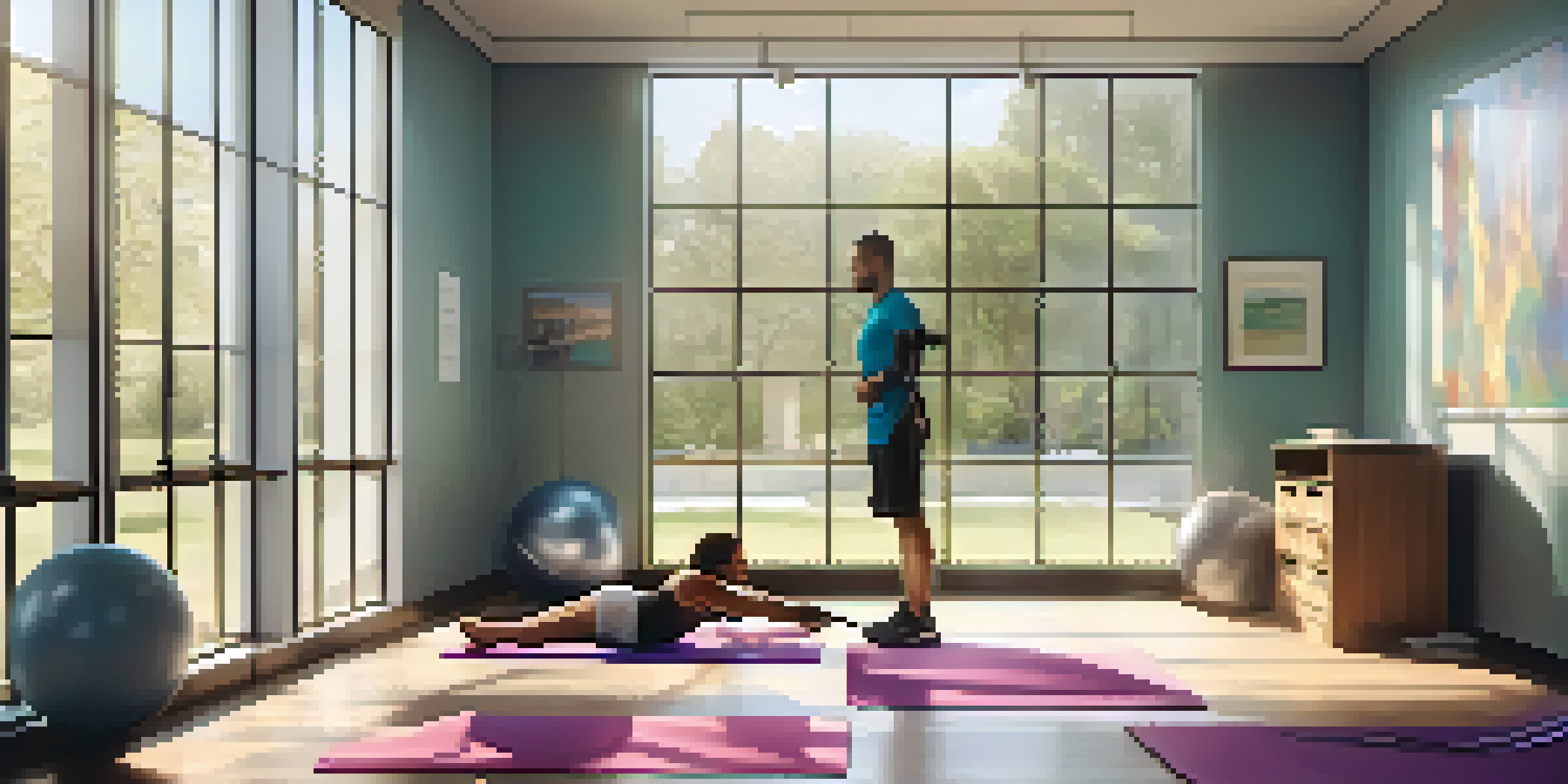 A bright and inviting physical therapy room with a therapist helping a patient with stretching exercises, surrounded by various therapy equipment and motivational posters.