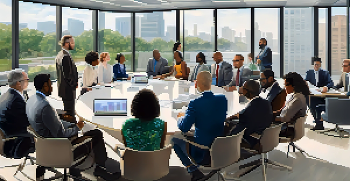 A diverse group of professionals collaborating in a bright modern office, showcasing cultural diversity in a business meeting.