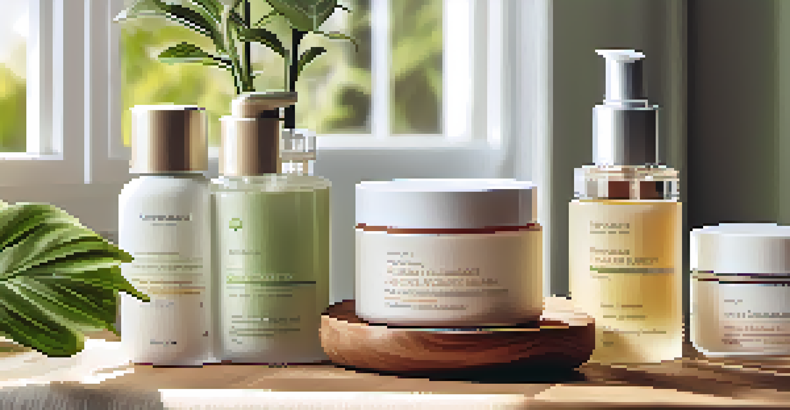 Skincare products including creams and sunscreen arranged on a wooden table with green plants and soft towels.
