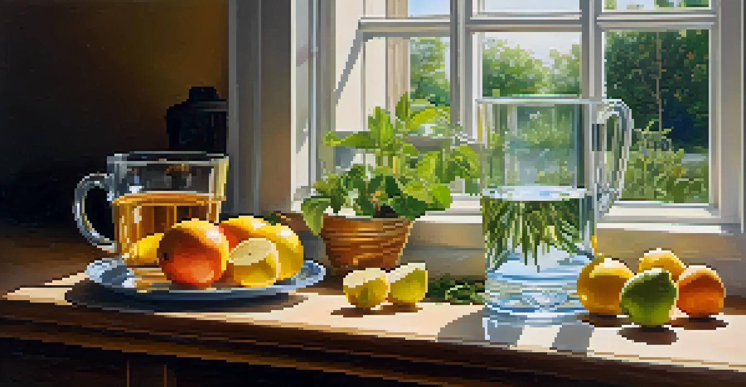 A glass of clear water with fresh fruits and herbs on a wooden counter, illuminated by sunlight from a window.