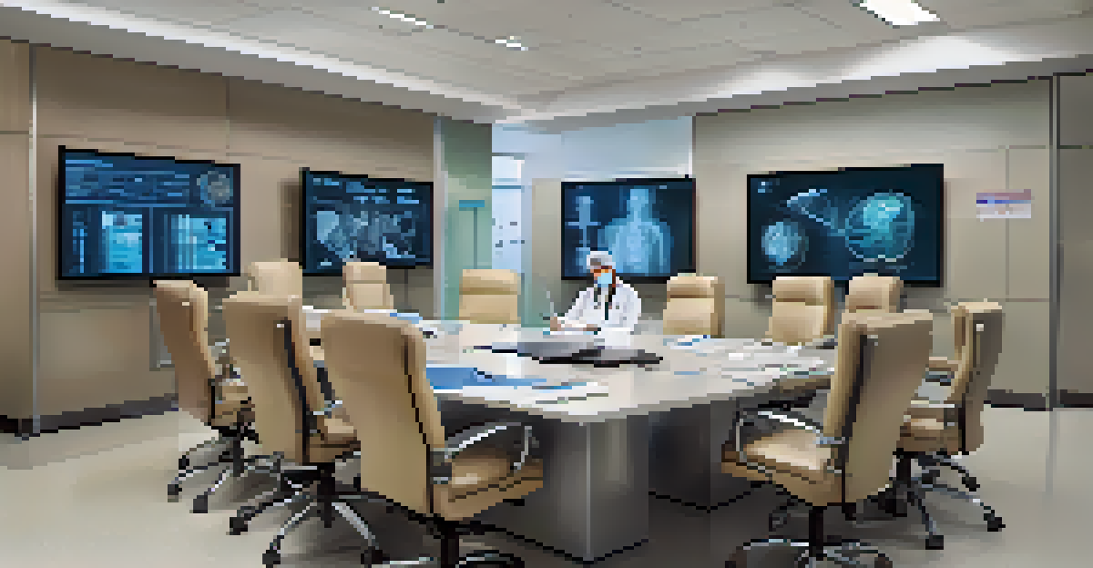 A diverse team of healthcare professionals collaborating in a meeting room, focused on a patient's surgical plan.