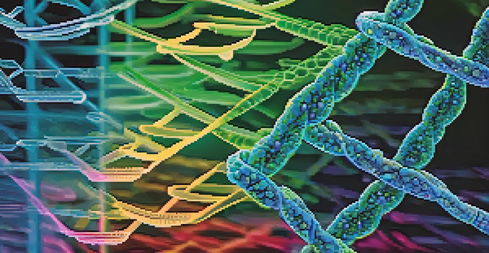 A detailed close-up of a DNA helix intertwined with a digital network, showcasing vibrant colors and intricate molecular structures.