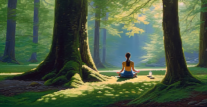 A person meditating in a peaceful forest surrounded by tall trees and sunlight filtering through the leaves.