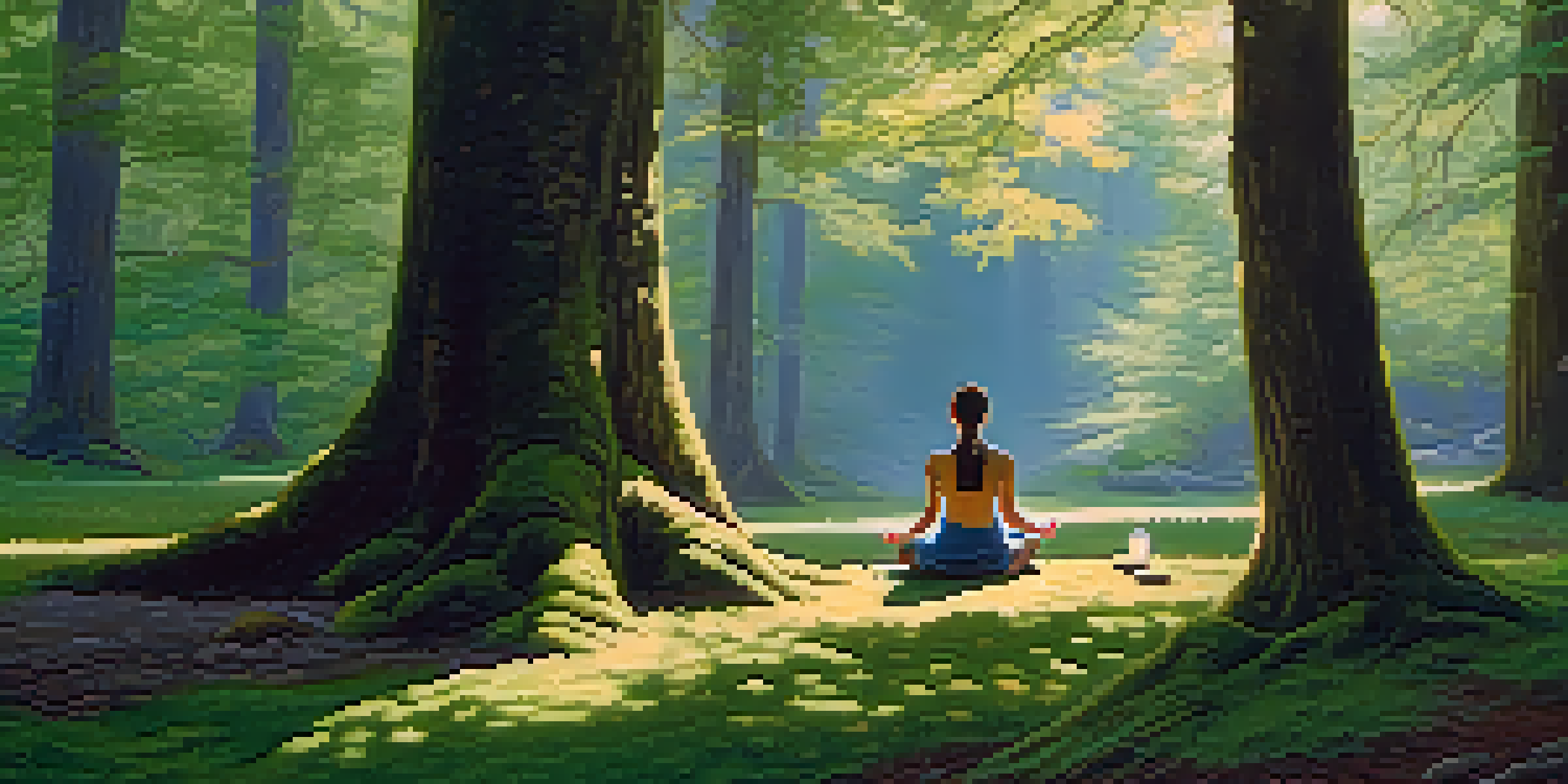A person meditating in a peaceful forest surrounded by tall trees and sunlight filtering through the leaves.