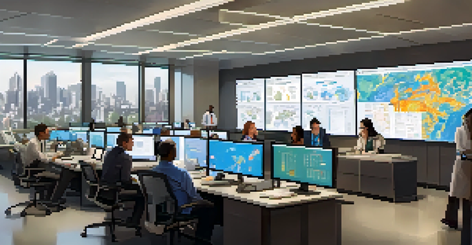 A public health office with epidemiologists working together, analyzing data on screens, with charts and maps of disease spread.