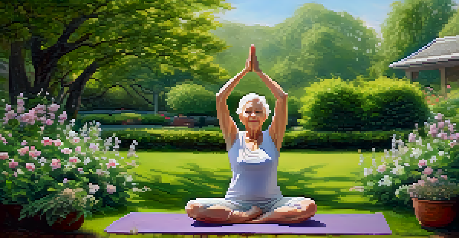 An elderly woman practicing yoga in a beautiful garden, surrounded by flowers and greenery, depicting peace and tranquility.