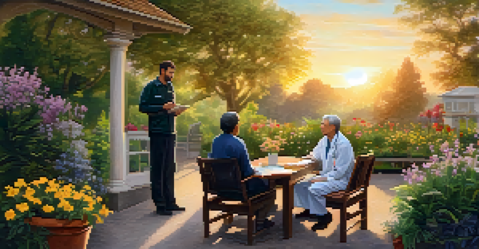 A palliative care team supporting a middle-aged man in a beautiful garden during sunset.