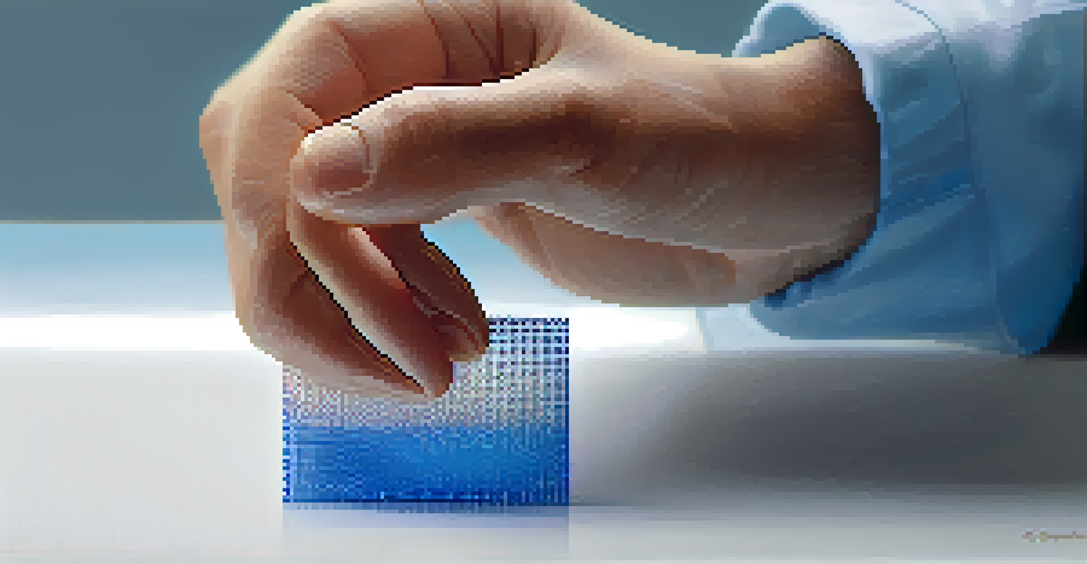 A hand holding a microneedle patch, highlighting the tiny needles in a clinical setting.