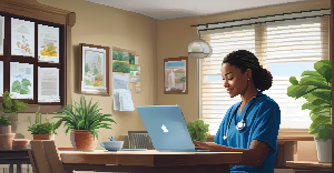 A healthcare professional talking to a patient over a video call in a bright and inviting home setting.