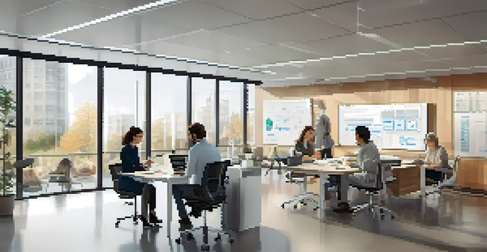 A diverse group of professionals collaborating in a bright workspace, discussing documents and digital devices related to translational medicine.