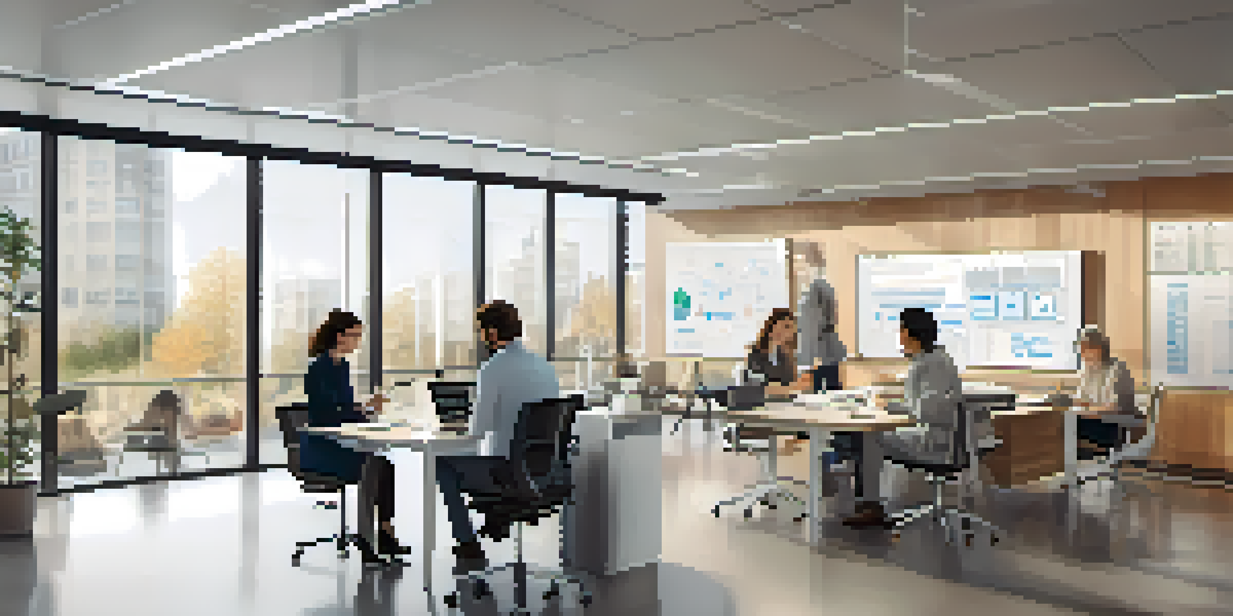 A diverse group of professionals collaborating in a bright workspace, discussing documents and digital devices related to translational medicine.