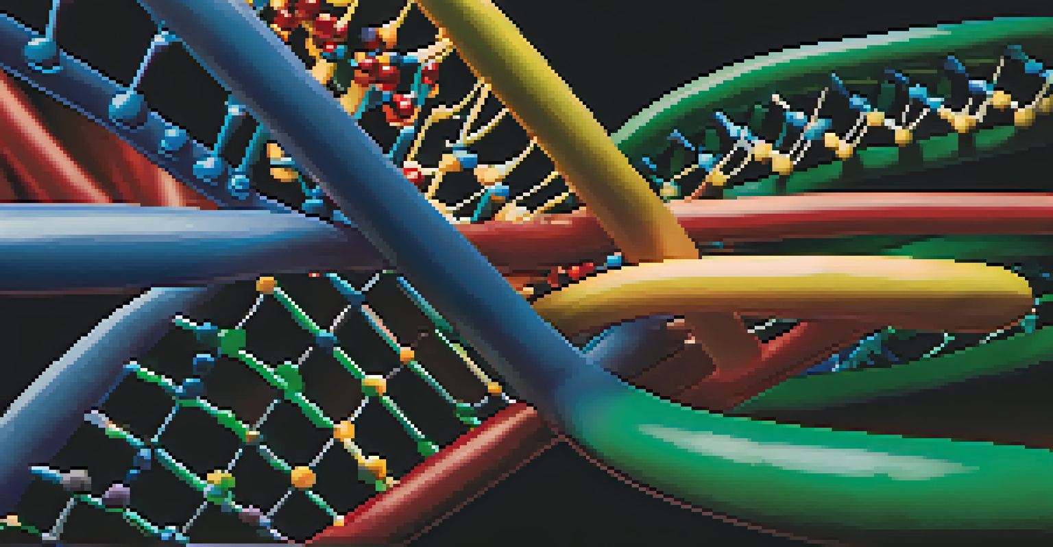 A colorful close-up view of a DNA double helix model set against a dark background, showcasing its intricate structure.