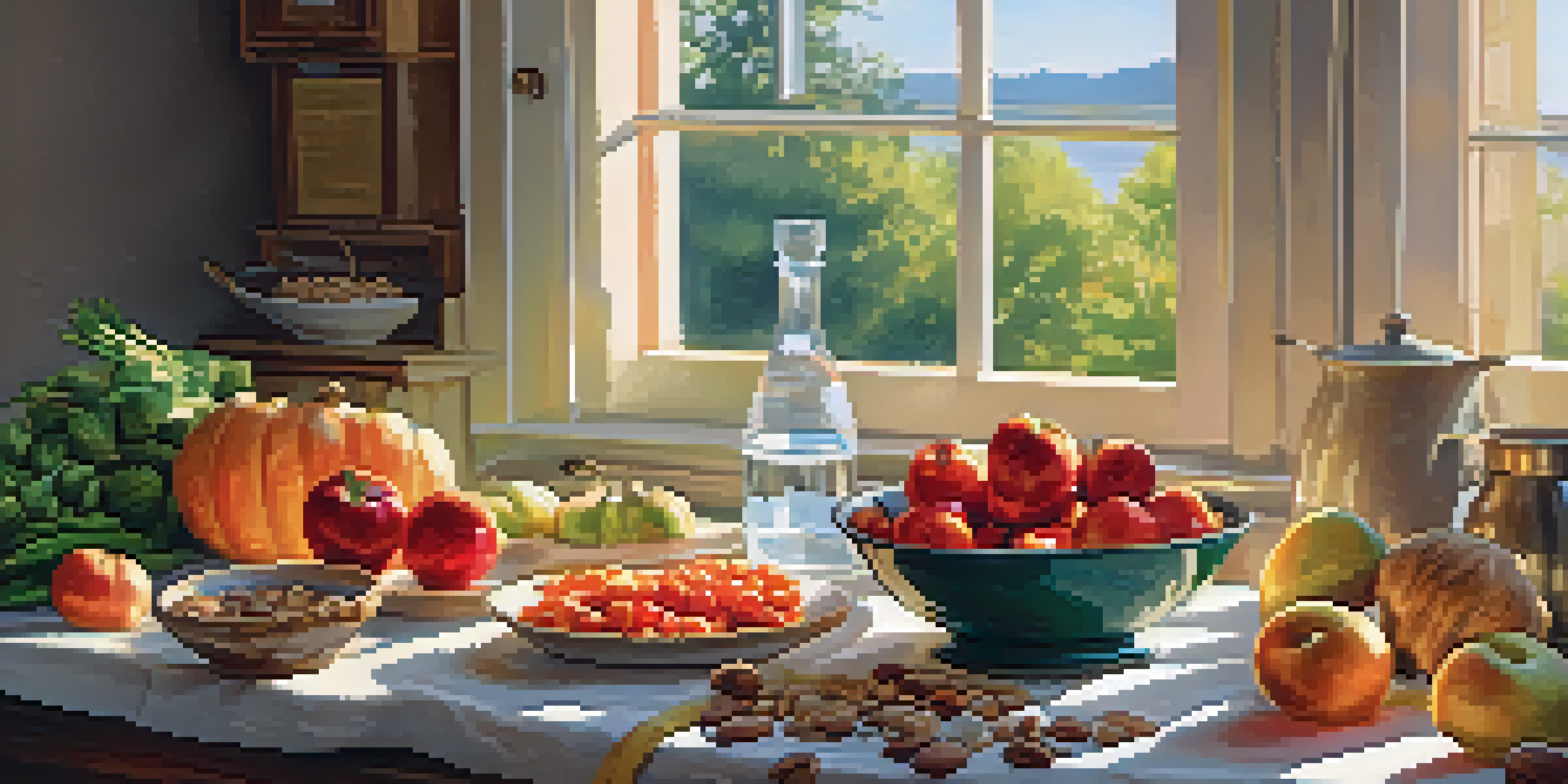 A bright kitchen with fresh vegetables, fruits, and whole grains on a wooden table, lit by sunlight from a window.