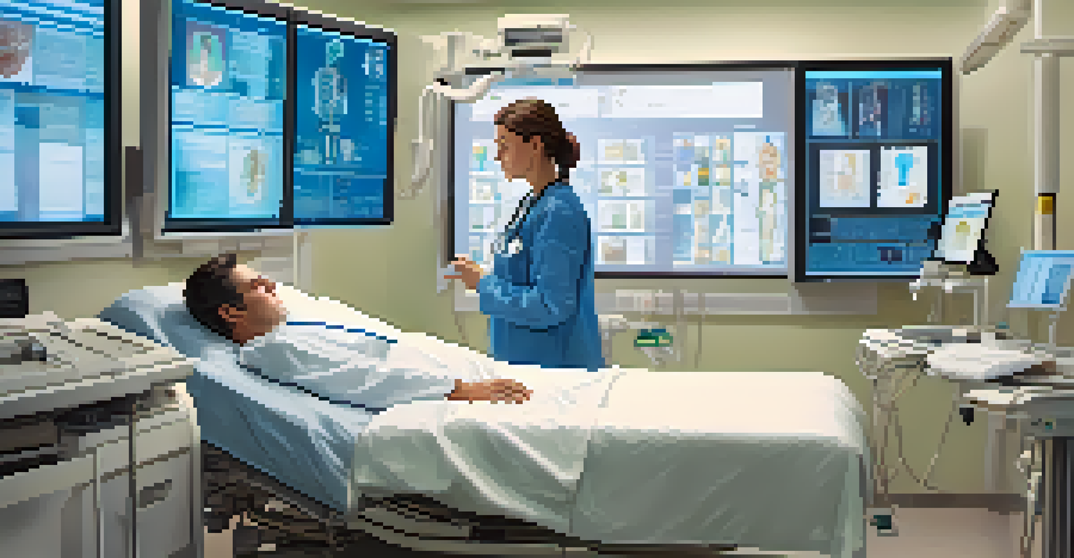A nurse monitoring a patient in a hospital room, using a tablet to check electronic health records.