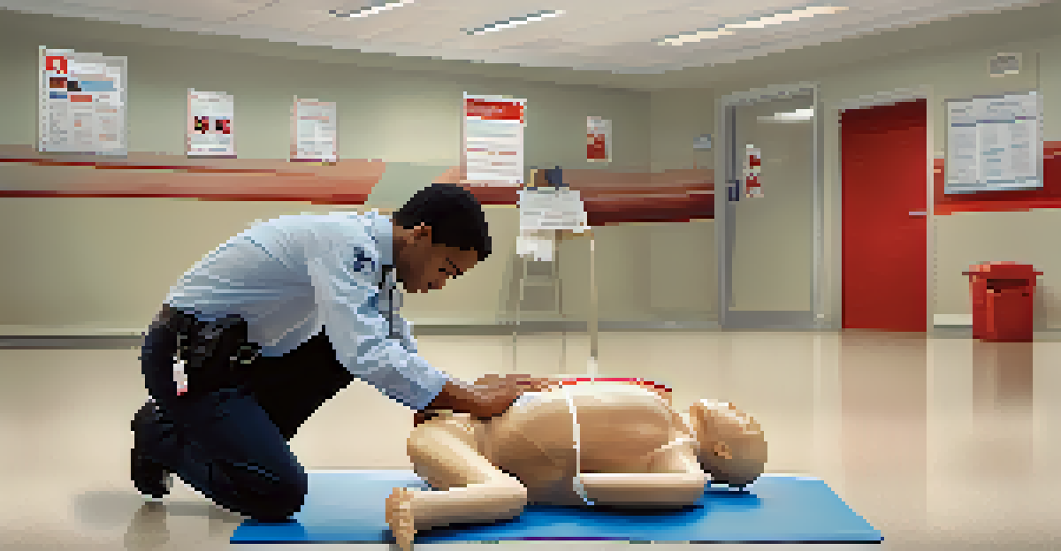 A person performing CPR on a mannequin in a training room filled with educational materials.