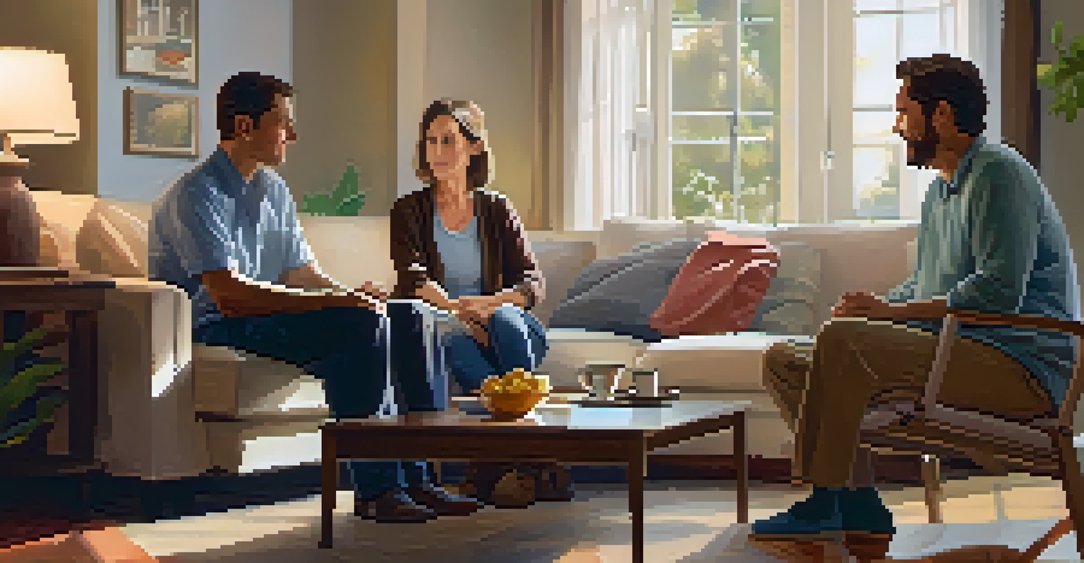 A family having a heartfelt conversation in a cozy living room.