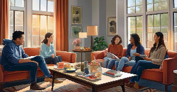 A diverse family sitting in a cozy living room, engaged in a supportive conversation with warm lighting and snacks around them.