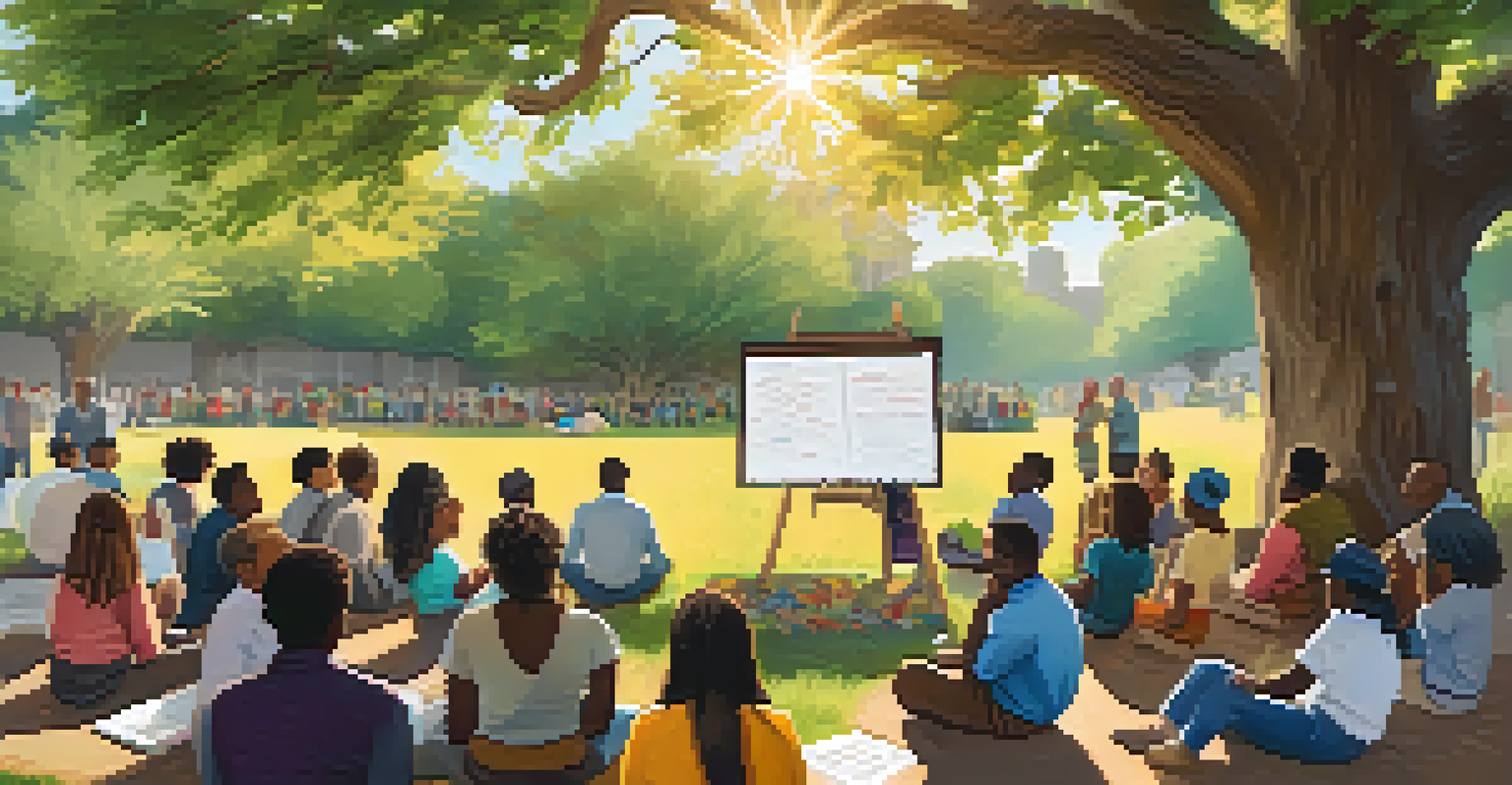 A community meeting under an oak tree with diverse people discussing health equity initiatives, with a flip chart nearby.