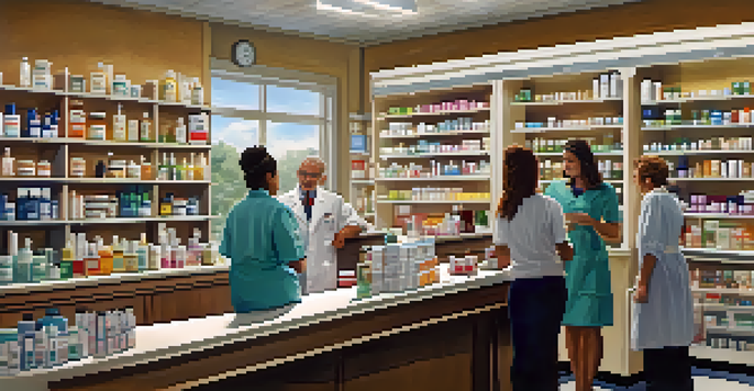 A pharmacist helping various patients at a pharmacy counter filled with medication bottles.