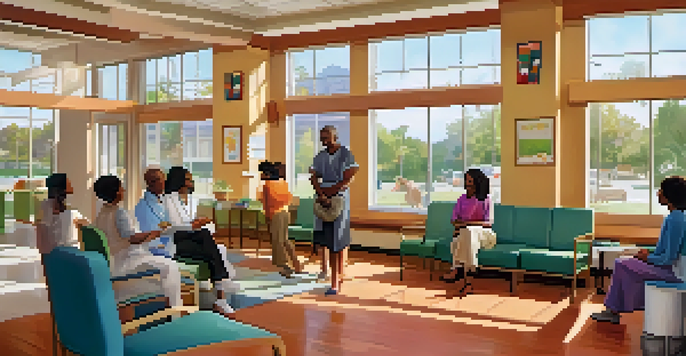 A community health center with diverse healthcare professionals interacting with patients, creating a welcoming atmosphere.