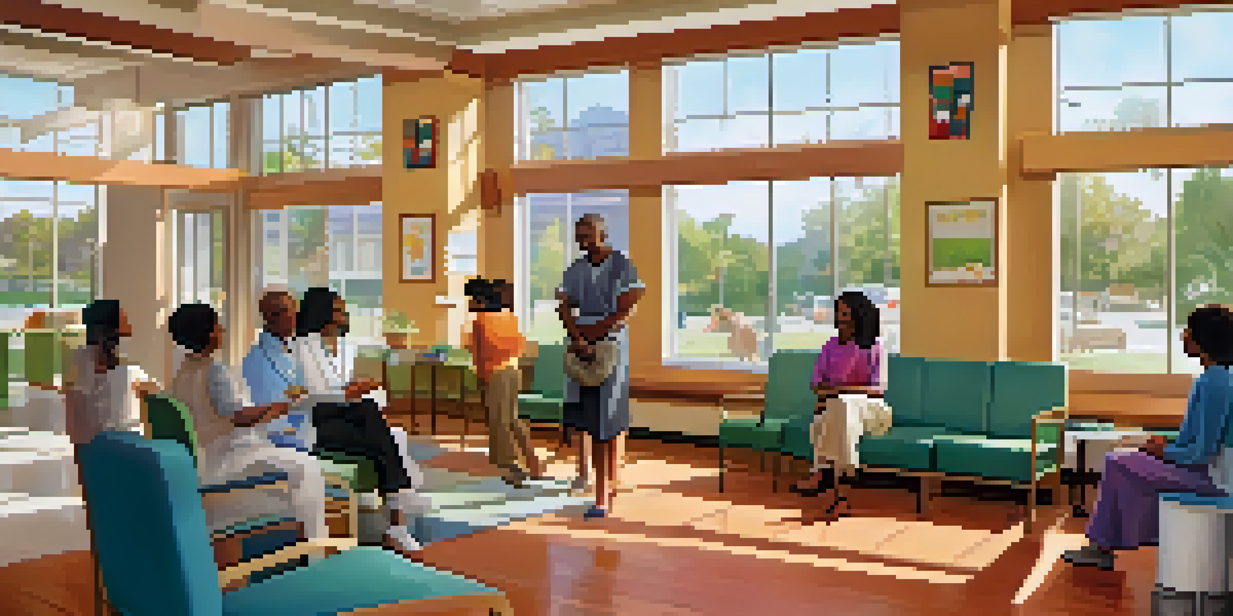 A community health center with diverse healthcare professionals interacting with patients, creating a welcoming atmosphere.