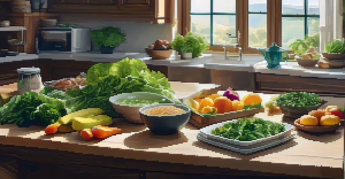 A personalized diet plan with healthy foods on a kitchen counter, illuminated by warm sunlight.