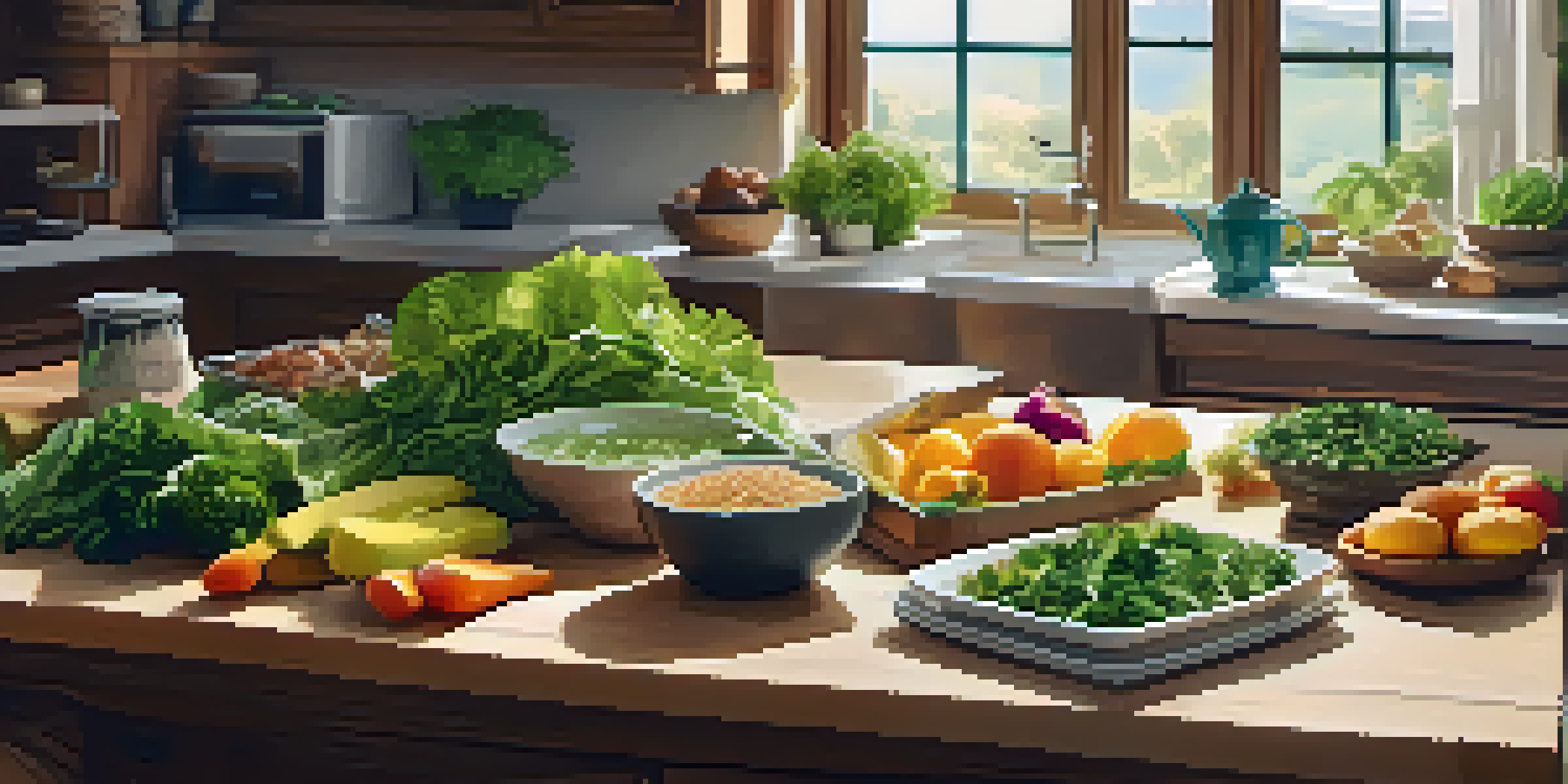 A personalized diet plan with healthy foods on a kitchen counter, illuminated by warm sunlight.