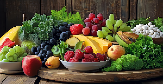 A colorful plate of healthy foods with fruits, vegetables, and proteins set on a wooden table.