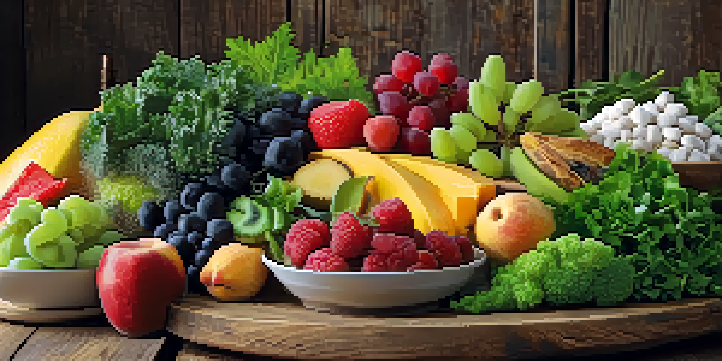 A colorful plate of healthy foods with fruits, vegetables, and proteins set on a wooden table.