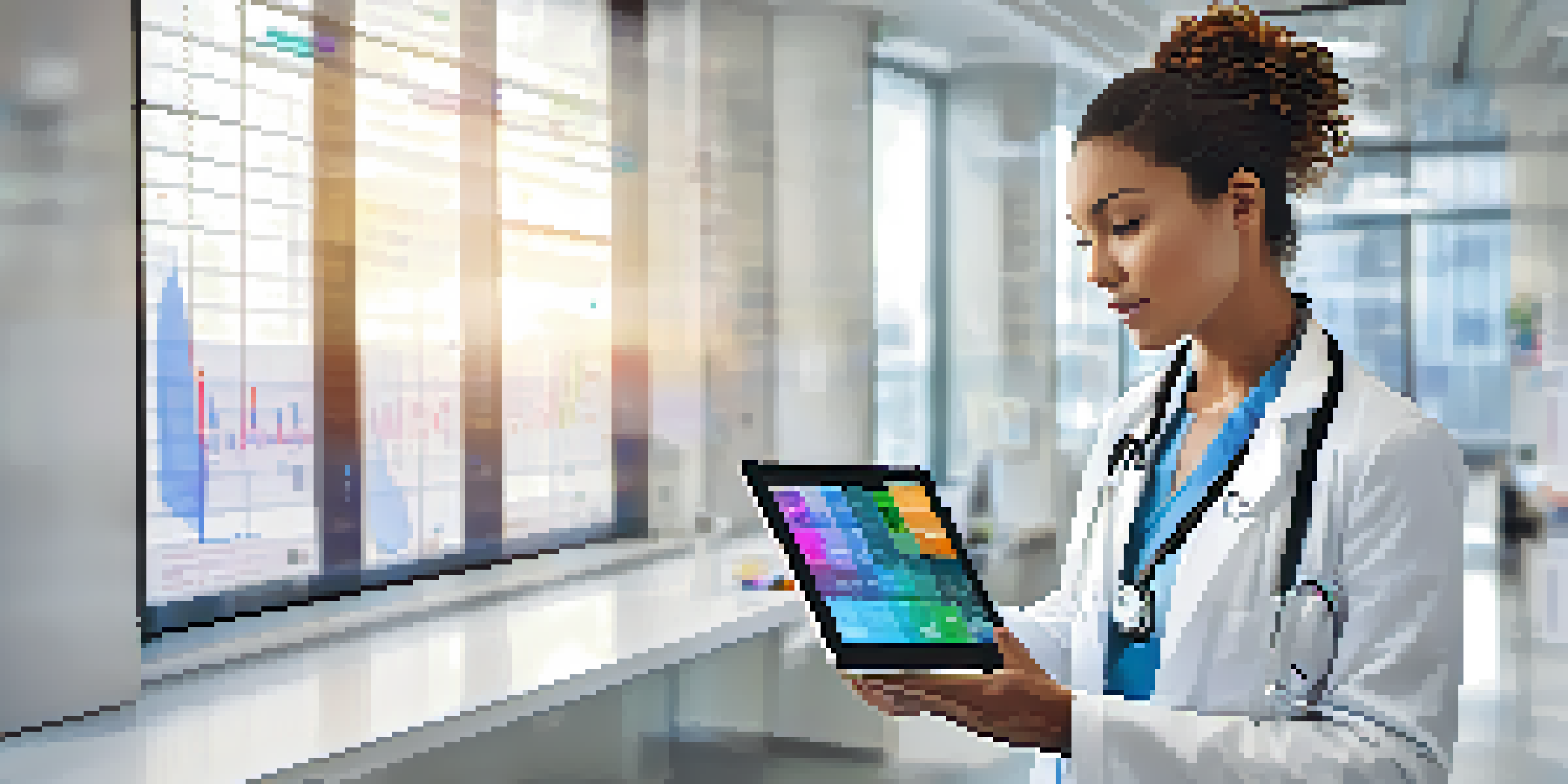 A healthcare professional in a bright clinic, analyzing patient data on a digital tablet with colorful graphs and charts.