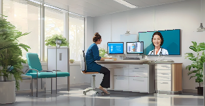 A healthcare provider in a modern clinic conducting a video call consultation with a patient, showcasing a bright and organized environment.