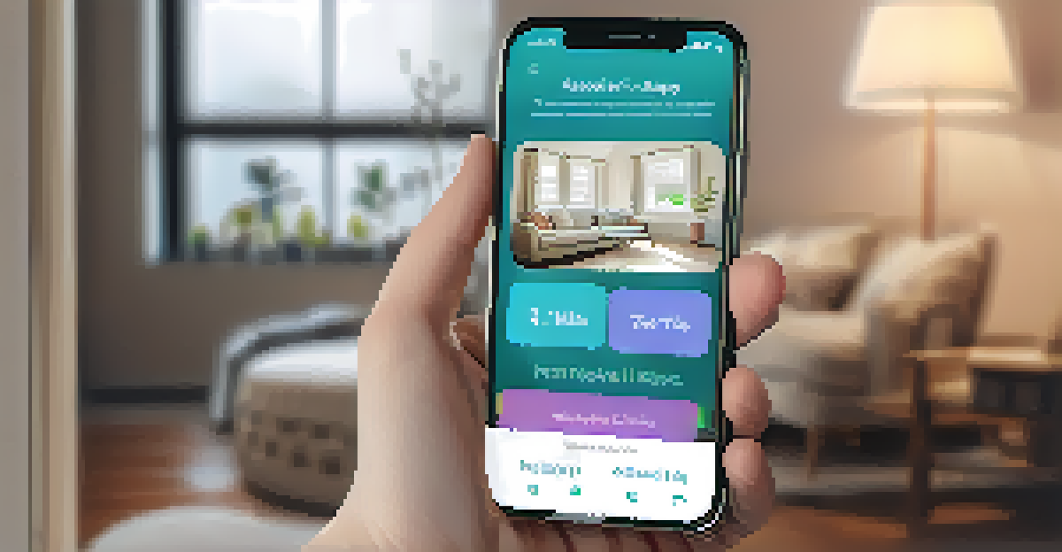 A close-up of a smartphone showing a digital therapy app, set in a cozy living room with warm lighting and soft cushions.