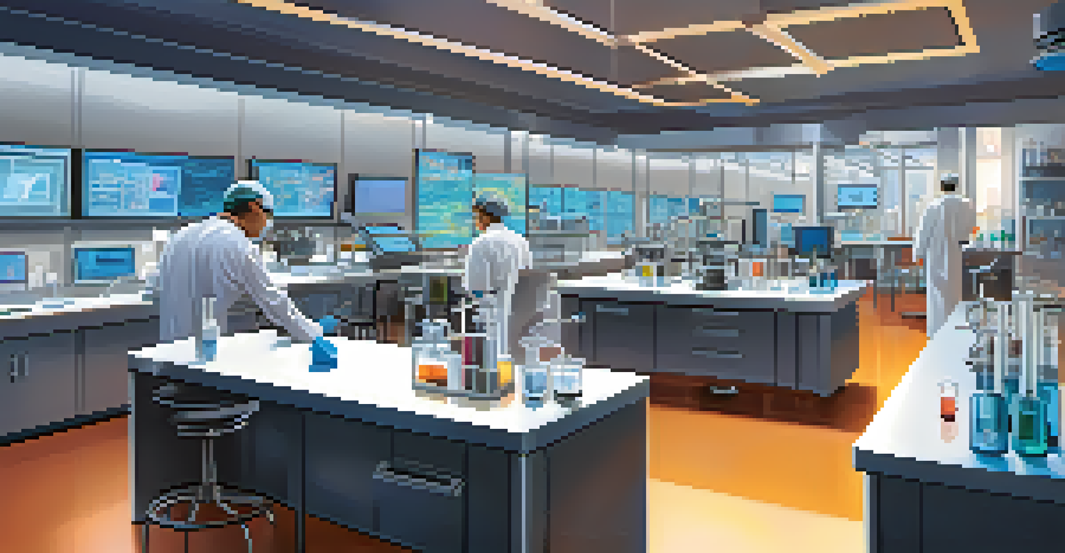 A modern laboratory filled with scientists researching lipid-based nanocarriers, surrounded by lab equipment and colorful test tubes.