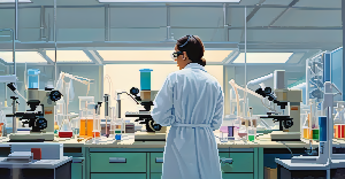 A scientist in a laboratory examining genetic samples under a microscope, with bright lighting and organized equipment.