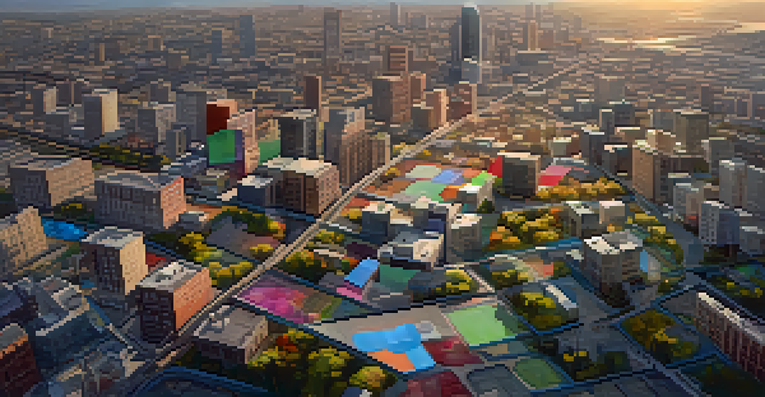 An aerial view of a city with digital maps overlay highlighting infectious disease hotspots in vibrant colors.