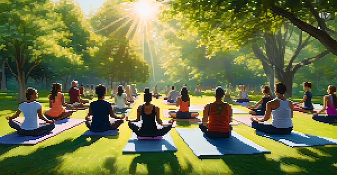 A group of diverse individuals practicing yoga in a bright, green park under sunlight, demonstrating harmony and mindfulness.