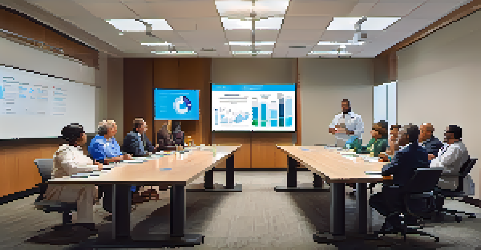 A meeting of community leaders and healthcare providers discussing strategies for health initiatives in a modern conference room.