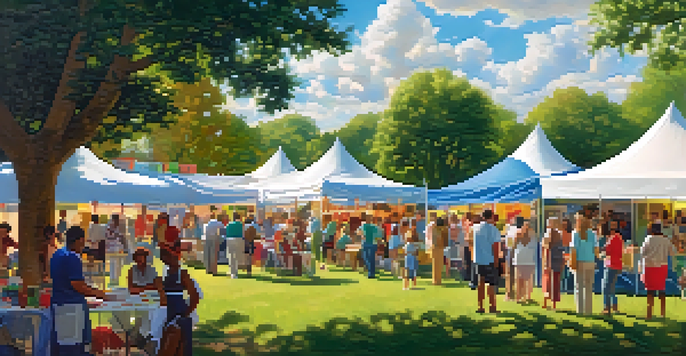 A community health fair in a park with diverse groups of people participating in health screenings and workshops under colorful tents, with sunlight filtering through trees.