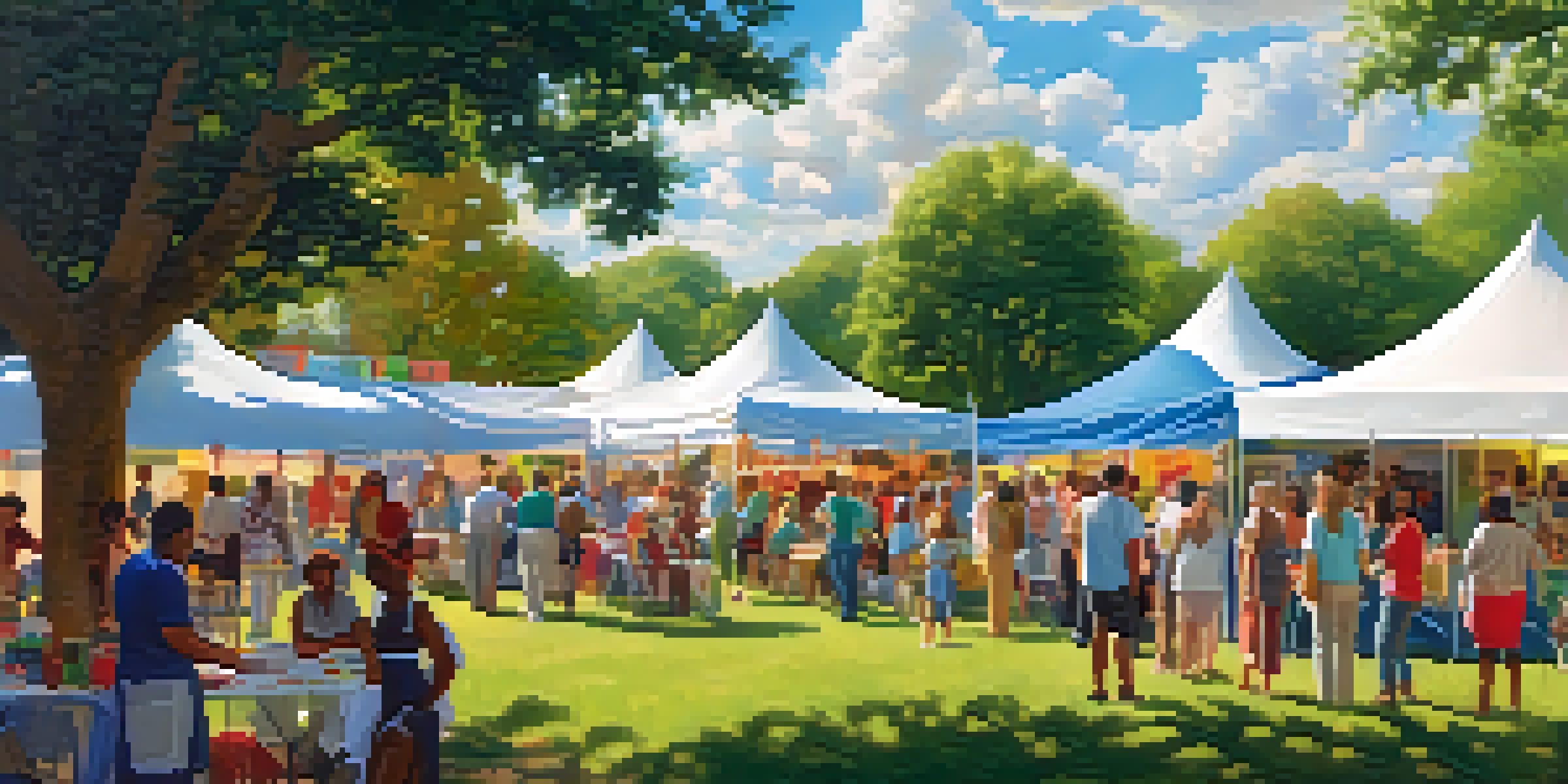 A community health fair in a park with diverse groups of people participating in health screenings and workshops under colorful tents, with sunlight filtering through trees.