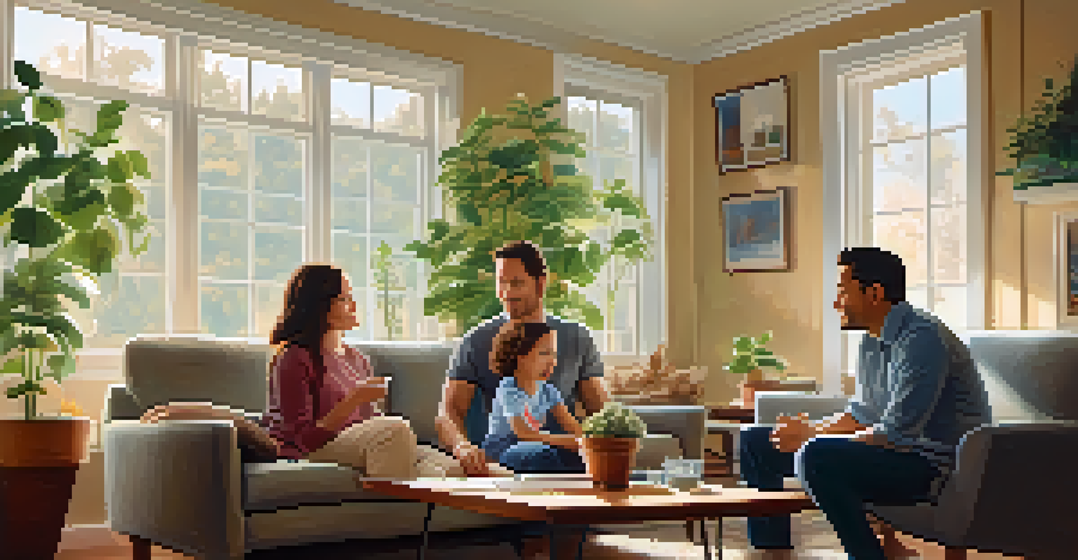 A family discussing genetic testing in their cozy living room, highlighting the emotional connections of health and genetics.