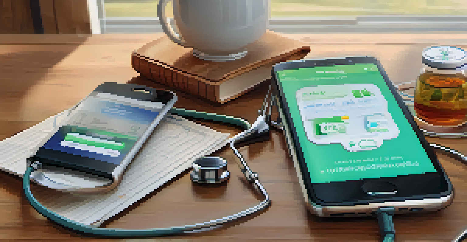 A smartphone showing a health app interface with reminders and educational resources on a wooden table.