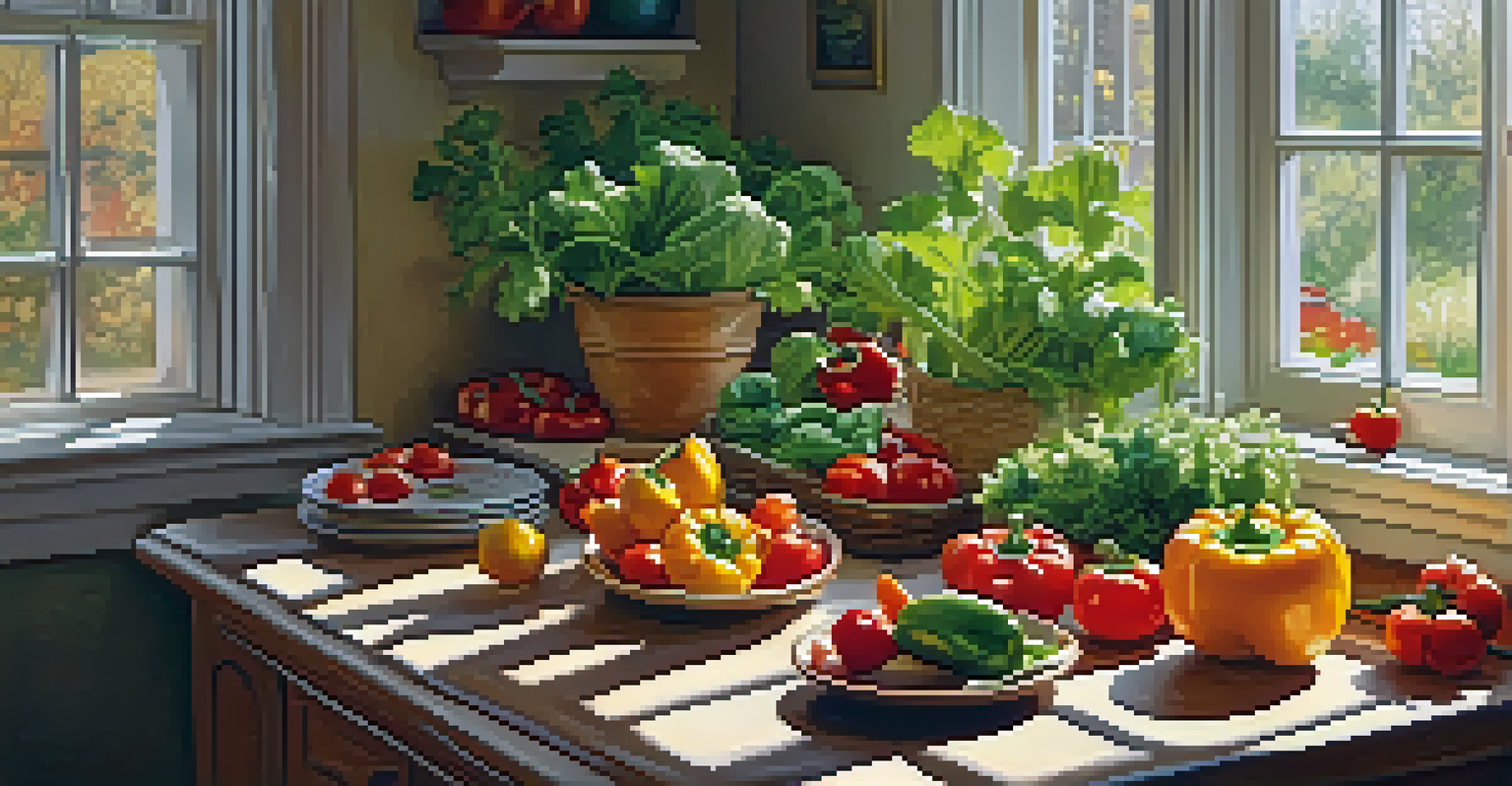 A kitchen table with fresh vegetables and ingredients for a healthy meal, illuminated by sunlight.