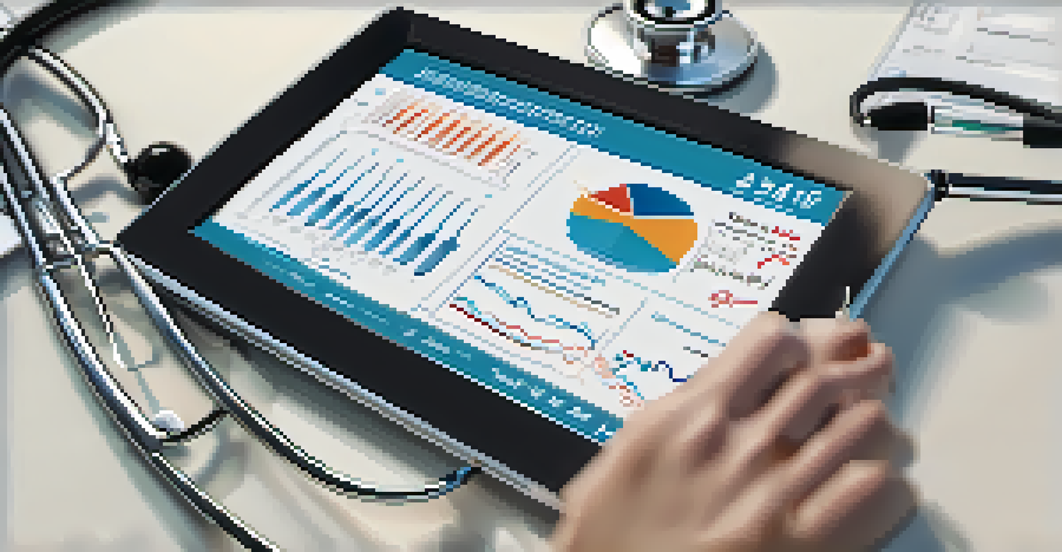 A close-up of a doctor's hands showing health metrics on a tablet in a medical office.