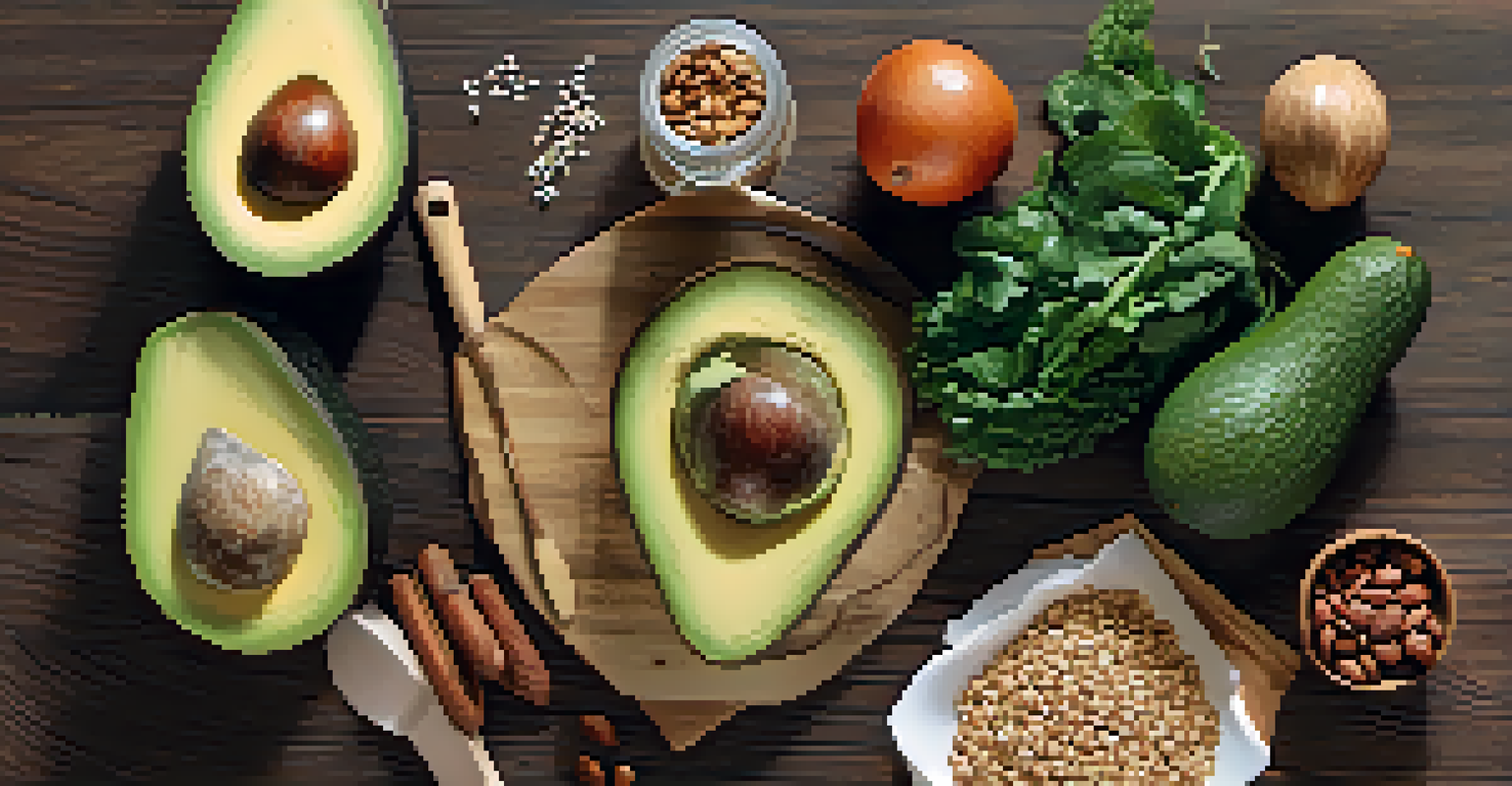 A flat lay of healthy foods like avocados, nuts, and leafy greens on a wooden table, with natural light and a note card saying 'Nourish Your Adrenals.'
